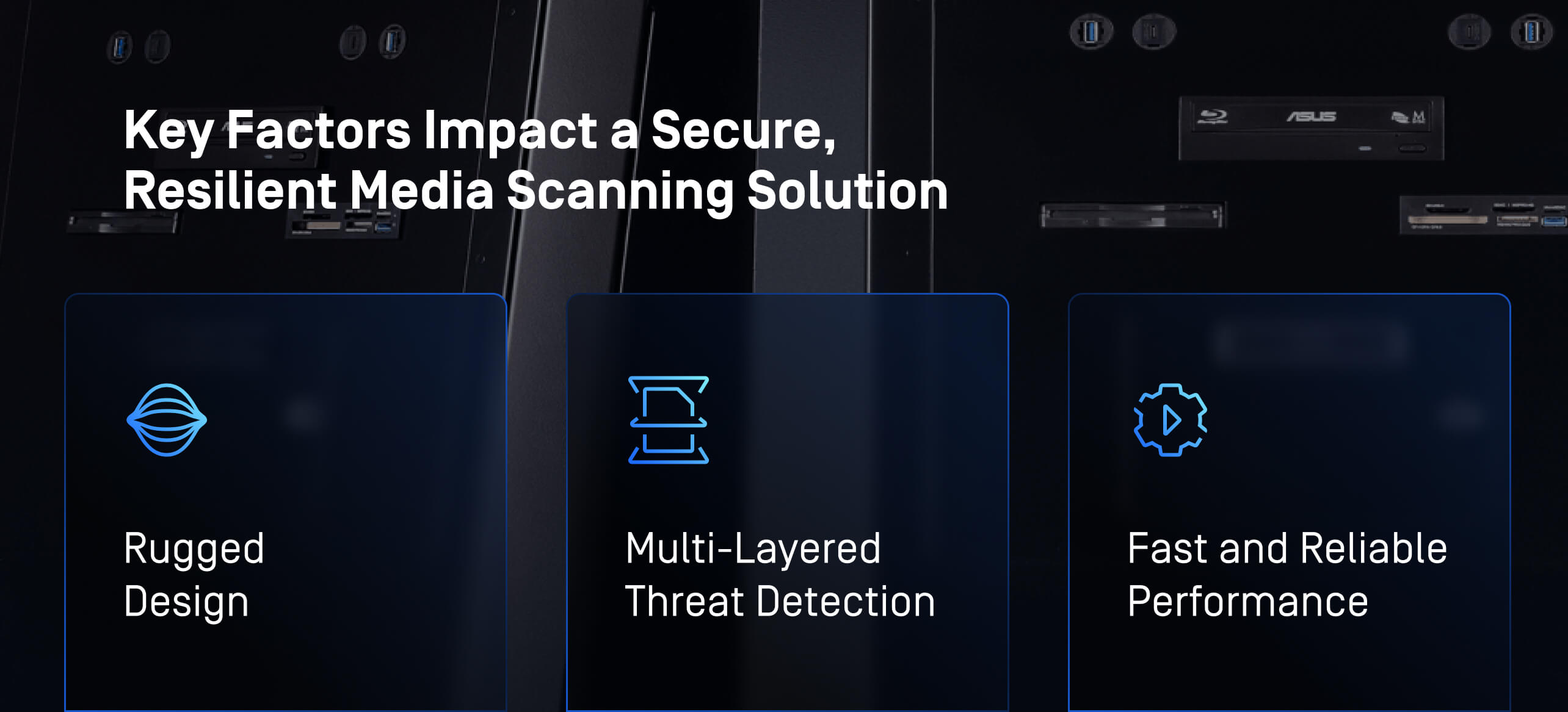 Image highlighting critical factors for secure media scanning, including rugged design, multi-layered threat detection, and fast performance