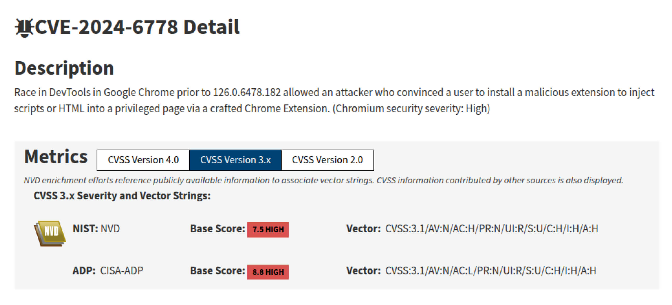 Captura de ecrã da interface do utilizador que mostra os detalhes da vulnerabilidade CVE-2024-6778 do Chrome DevTools e as pontuações de elevada gravidade CVSS