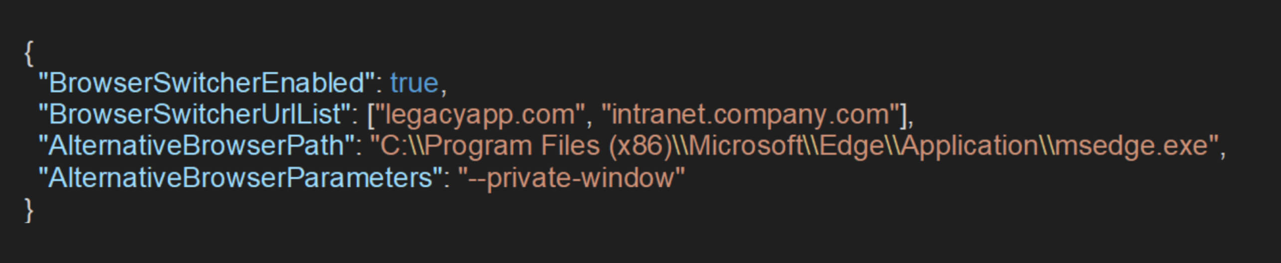 Configuração JSON que mostra a política de alternância de navegador, relevante para a vulnerabilidade CVE-2024-6778 do Chrome DevTools e utilização indevida da API privada