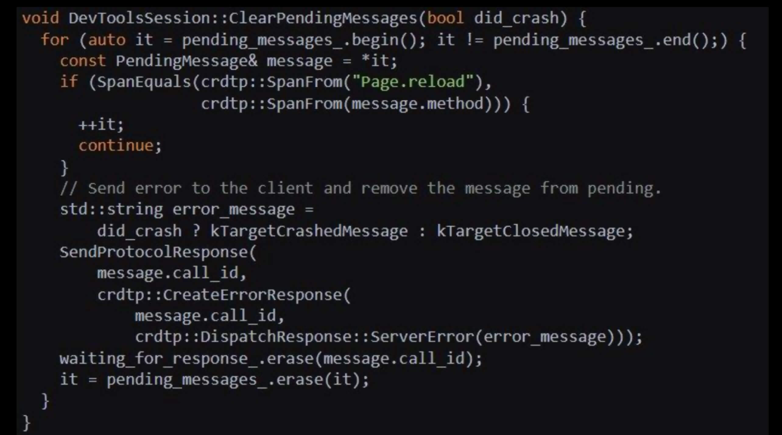 Código C++ que lida com mensagens pendentes no Chrome DevTools, relacionado com as condições de corrida da vulnerabilidade CVE-2024-6778 do Chrome DevTools