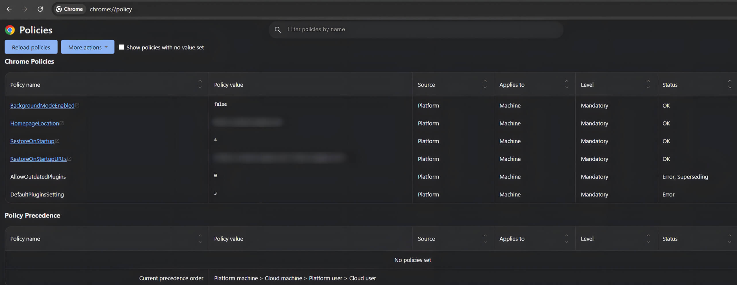 A IU das definições de política do Chrome mostra nomes, valores e estados de políticas, relevantes para a vulnerabilidade CVE-2024-6778 do Chrome DevTools