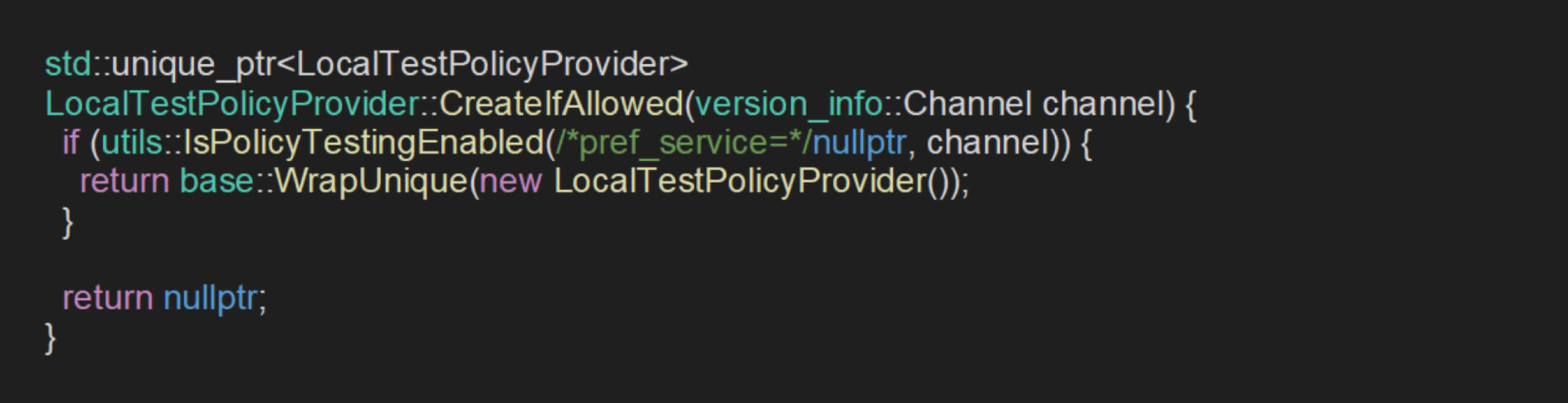 Código C++ para LocalTestPolicyProvider no Chrome, relacionado com a gestão de políticas de vulnerabilidade CVE-2024-6778 Chrome DevTools