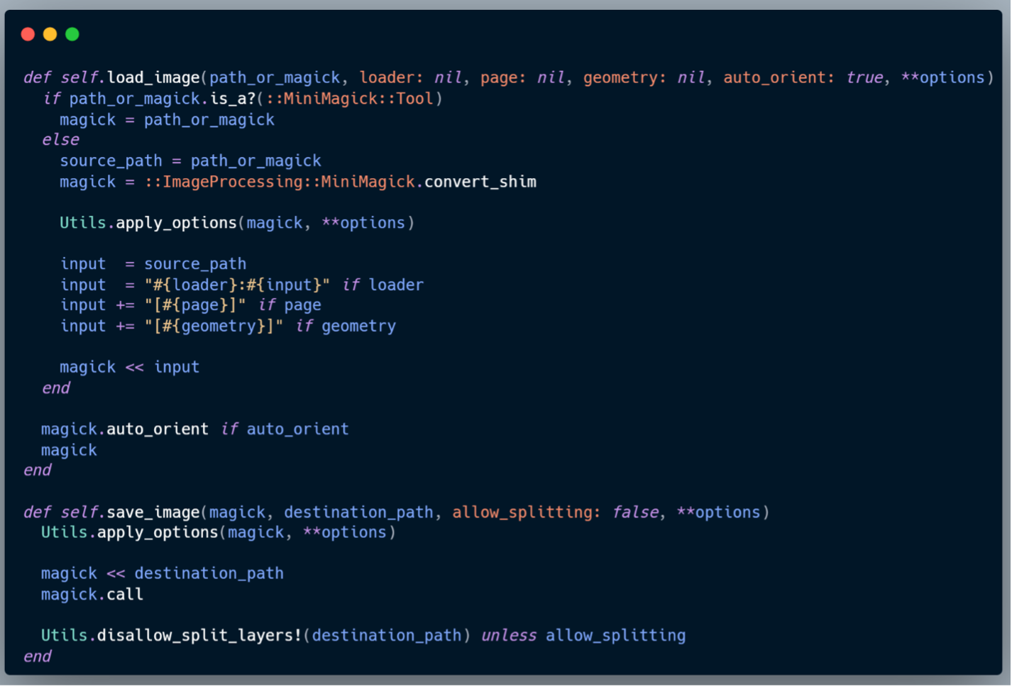 來自 image_processing gem 的 Ruby 程式碼,顯示與 CVE-2025-24293 連結的 load_image 和 save_image 方法