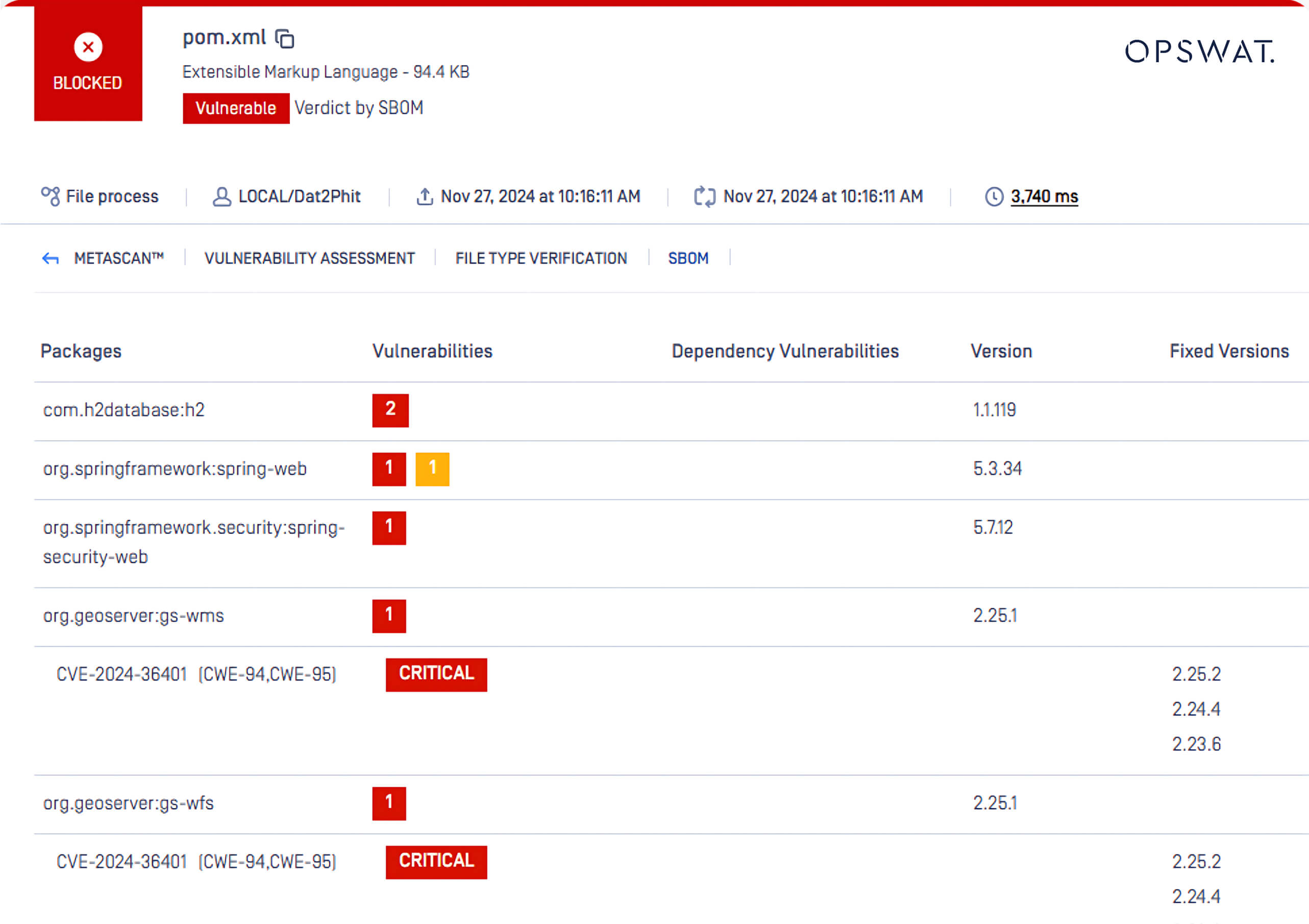 Dashboard screenshot of OPSWAT SBOM detecting GeoServer packages with critical vulnerabilities