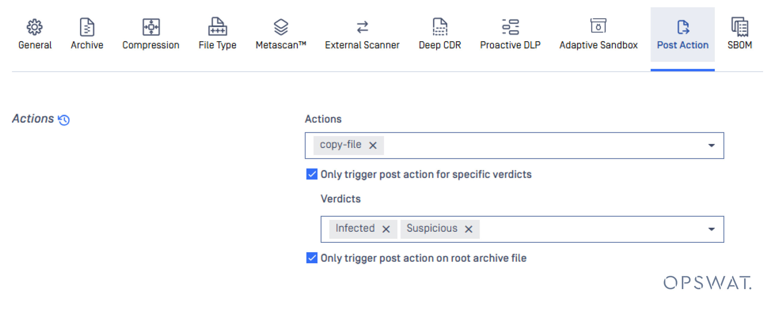 MetaDefender Core v5.15.0 post-action triggers UI showing copy-file action for infected or suspicious root archive files