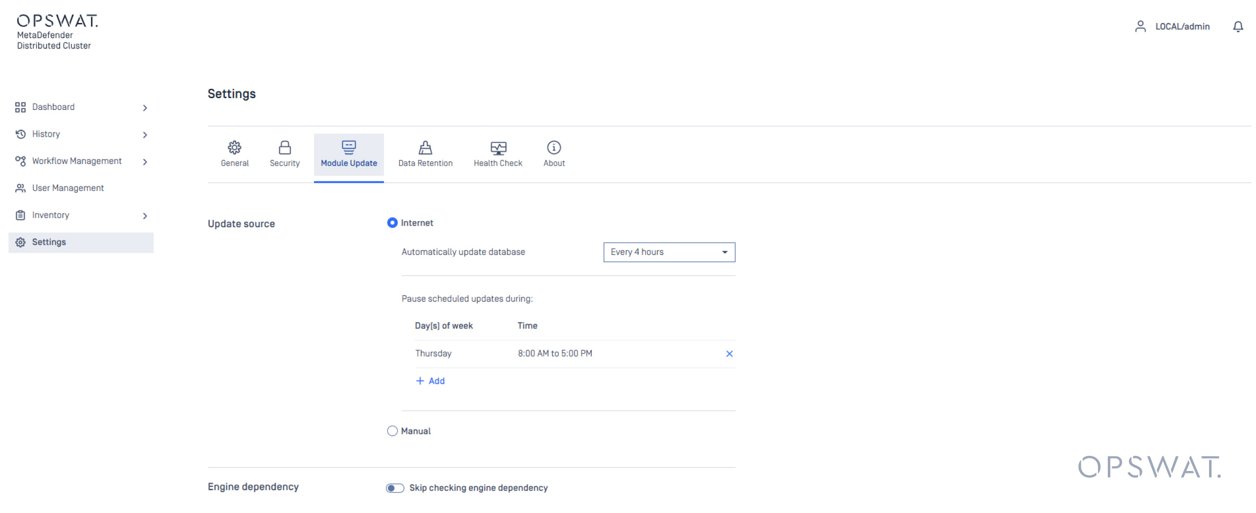 MetaDefender Core v5.15.0 settings UI showing paused scheduled engine updates for Thursday 8 AM to 5 PM