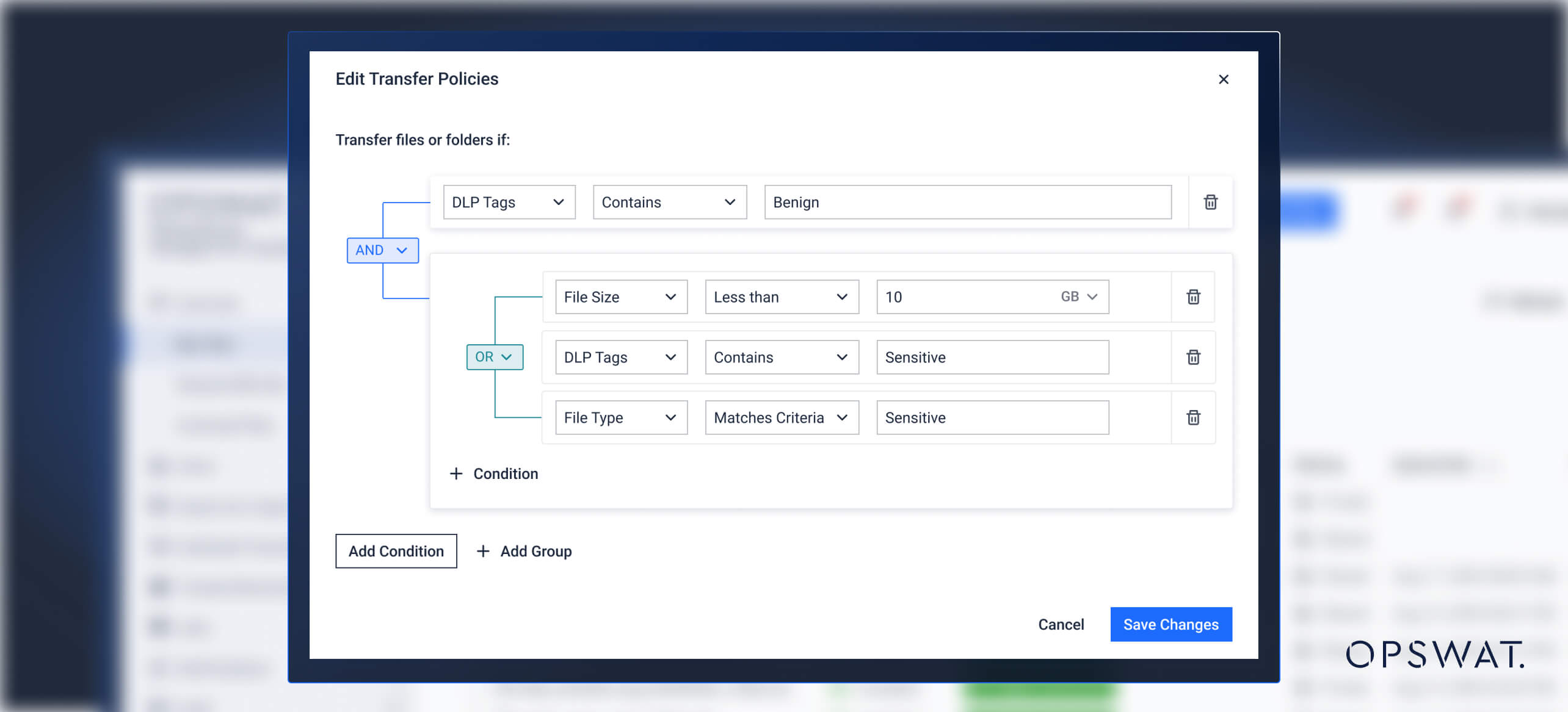Screenshot of transfer policy settings, defining rules for data loss prevention (DLP), file size, and sensitive content handling