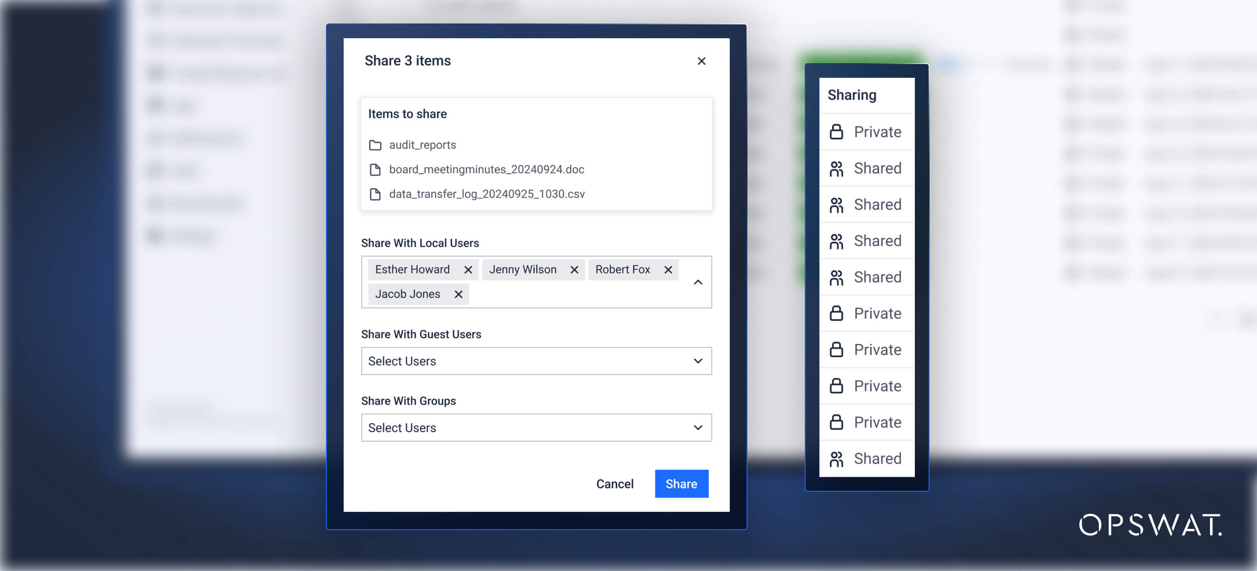 Screenshot of the file-sharing feature, allowing users to select recipients and control access levels