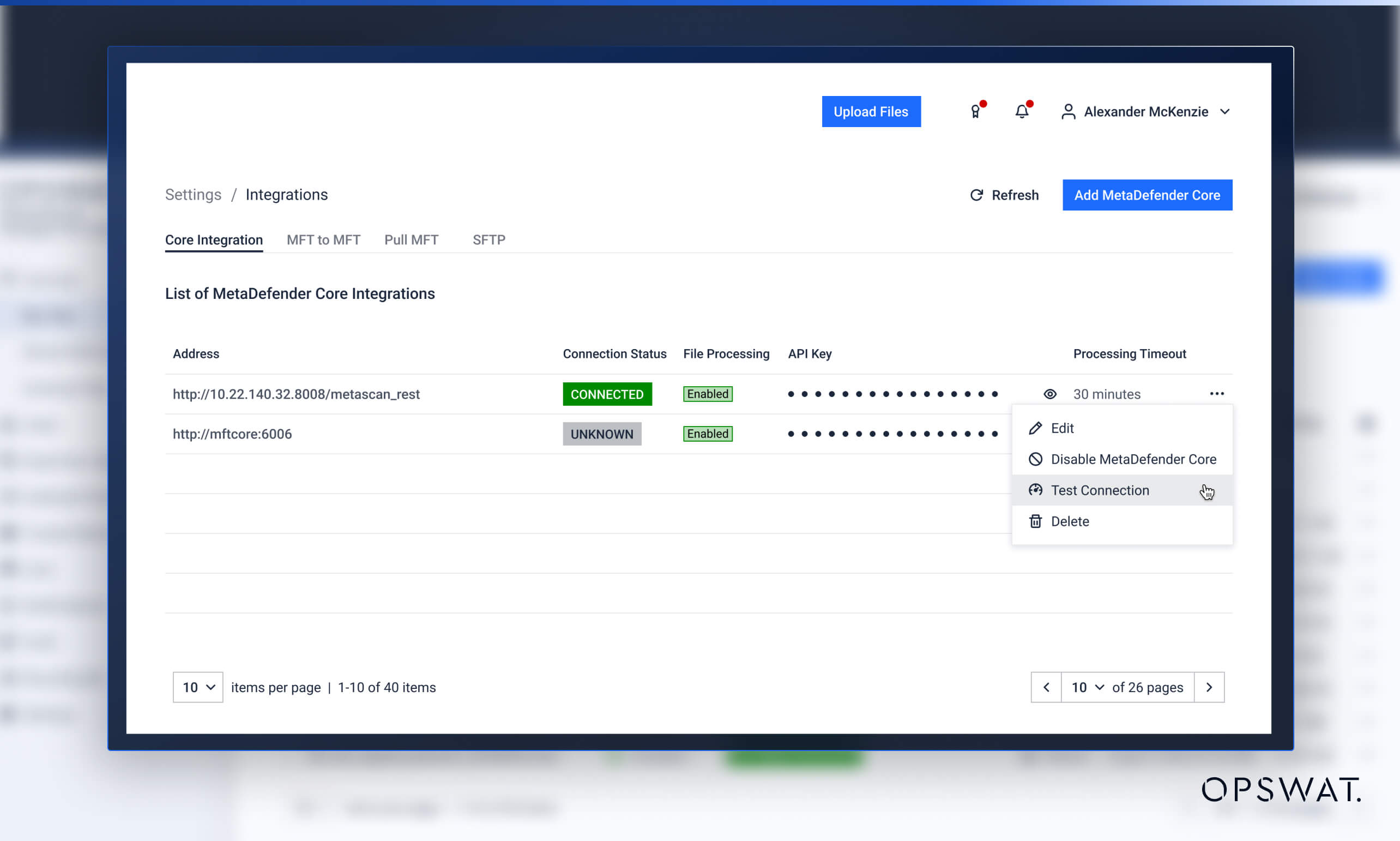 Screenshot of integration settings, listing connected and enabled MetaDefender Core integrations