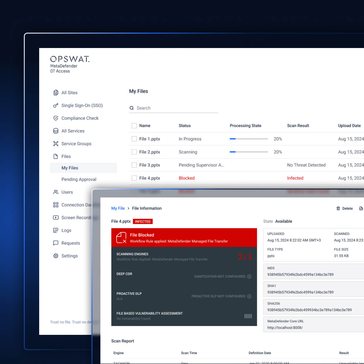MetaDefender OT Access v2.0.0 UI showing file scan statuses and blocked infected file details