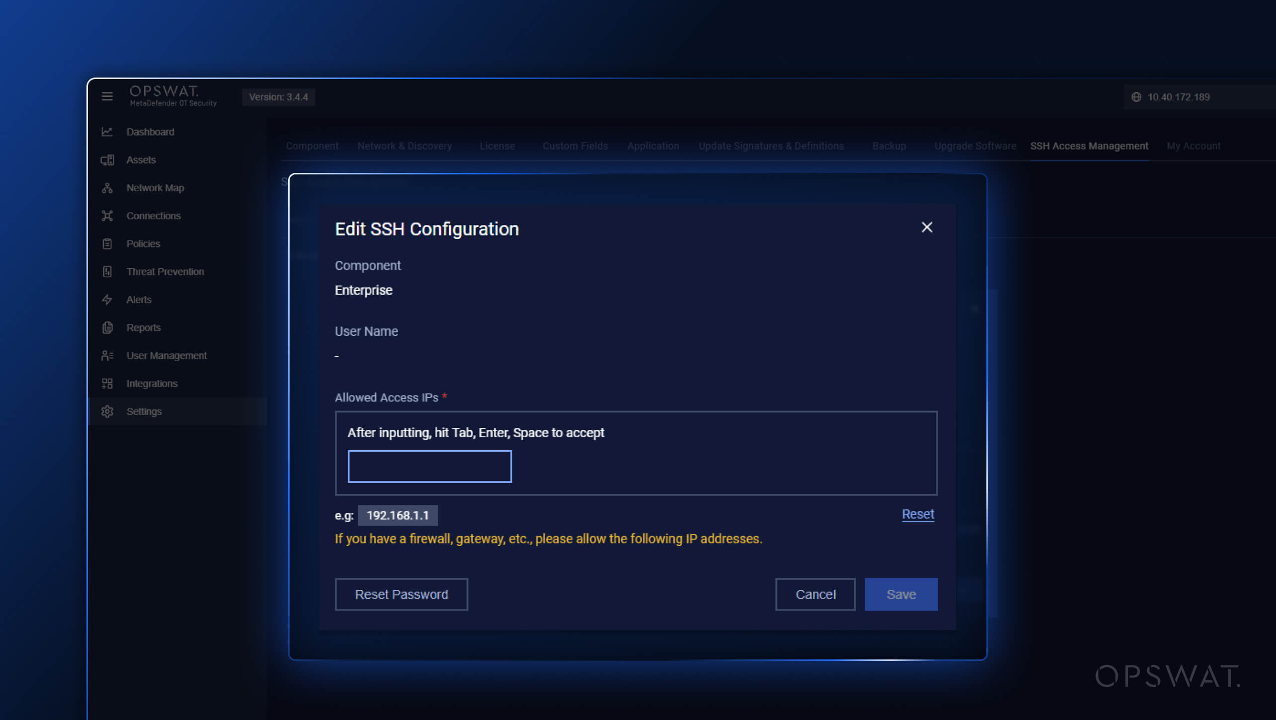 MetaDefender OT Security v3.4.5 Edit SSH Configuration screen showing allowed access IPs input