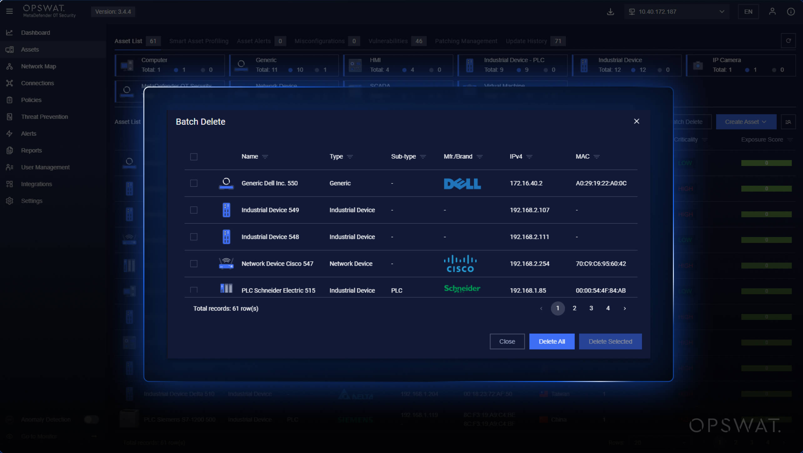 MetaDefender OT Security v3.4.5 batch delete dialog showing asset list with device names, types, brands, and IP addresses