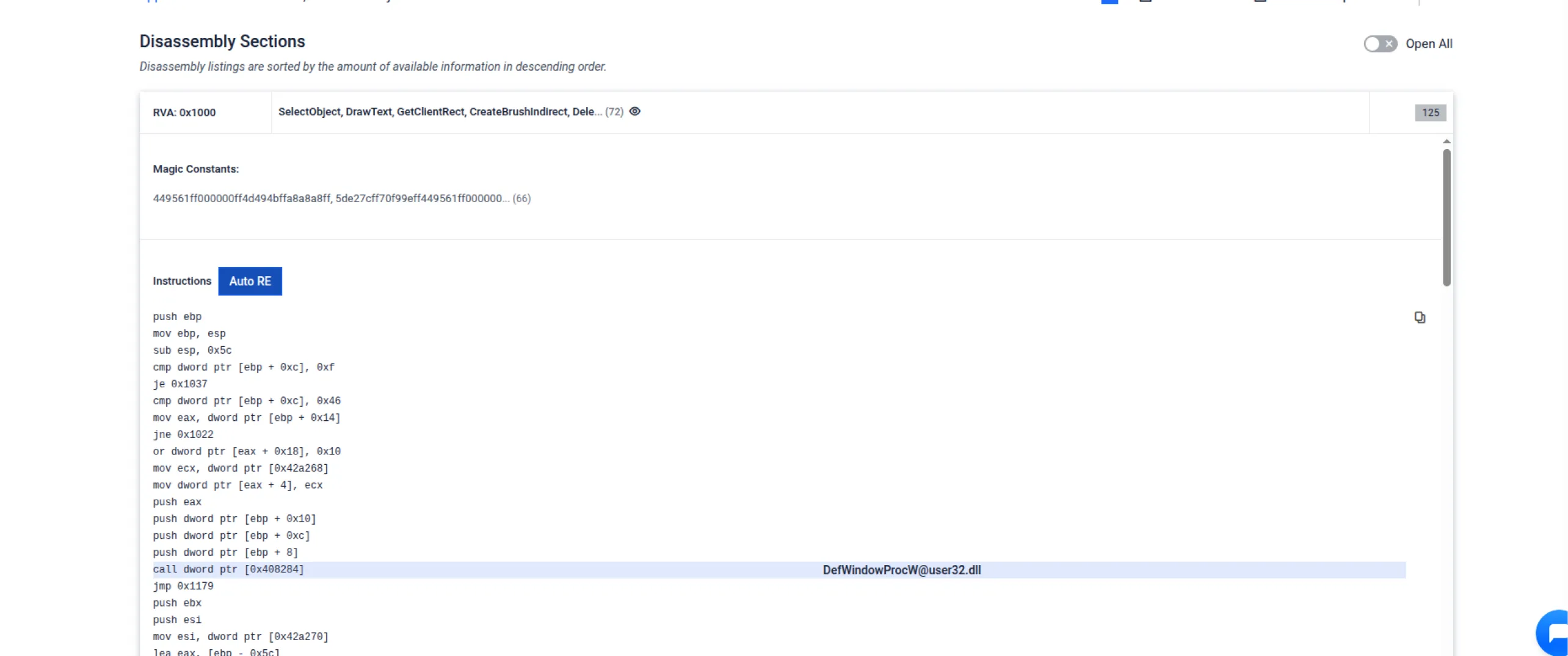 MetaDefender Sandbox 2.3.0の逆アセンブルセクションのUIは、AIを搭載したデコンパイラの命令とコード解析を表示します。