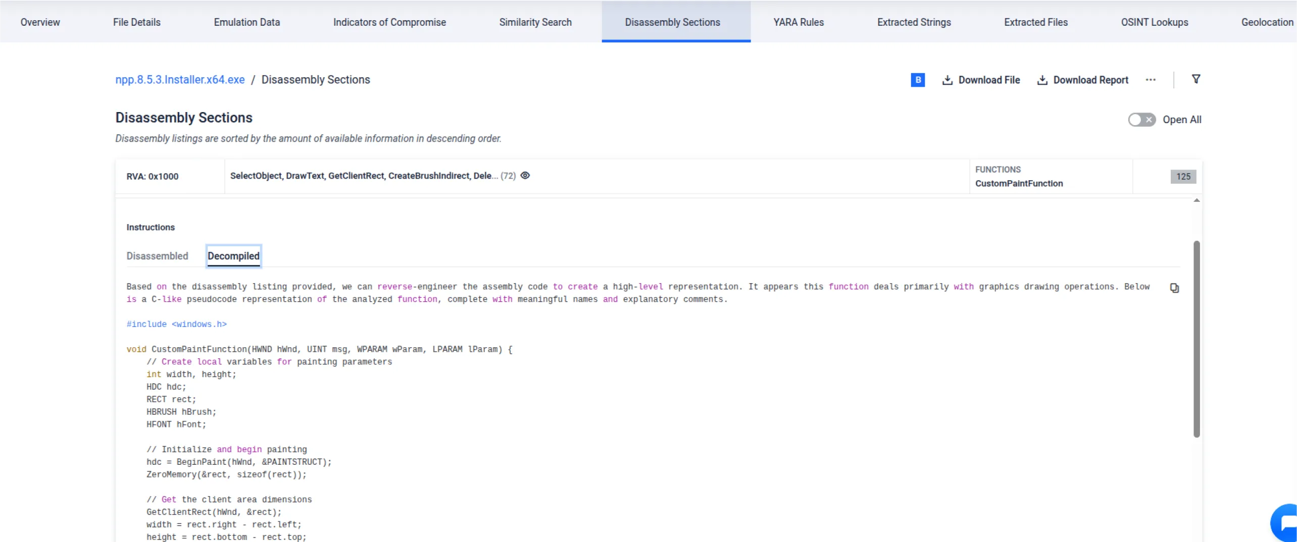 MetaDefender Sandbox 2.3.0の逆アセンブルセクションは、リバースエンジニアリングのためのAIを搭載したデコンパイラの出力を示しています。