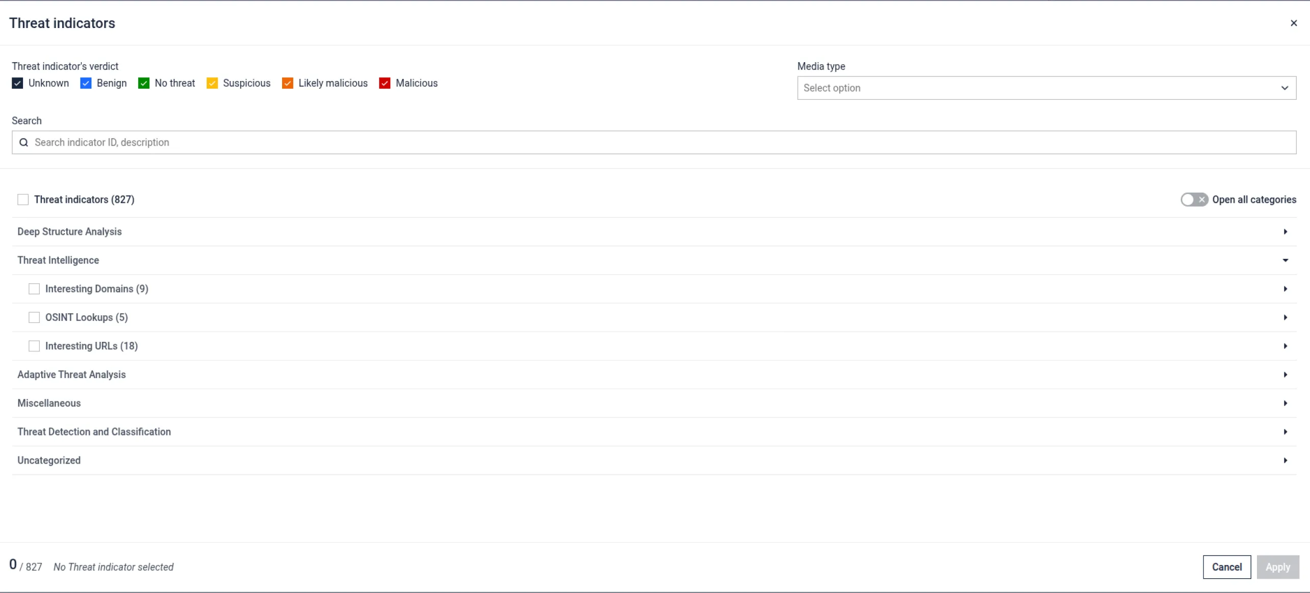 MetaDefender Sandbox 2.3.0脅威インジケータのUIは、評決フィルタと分類されたインジケータリストを備えています。