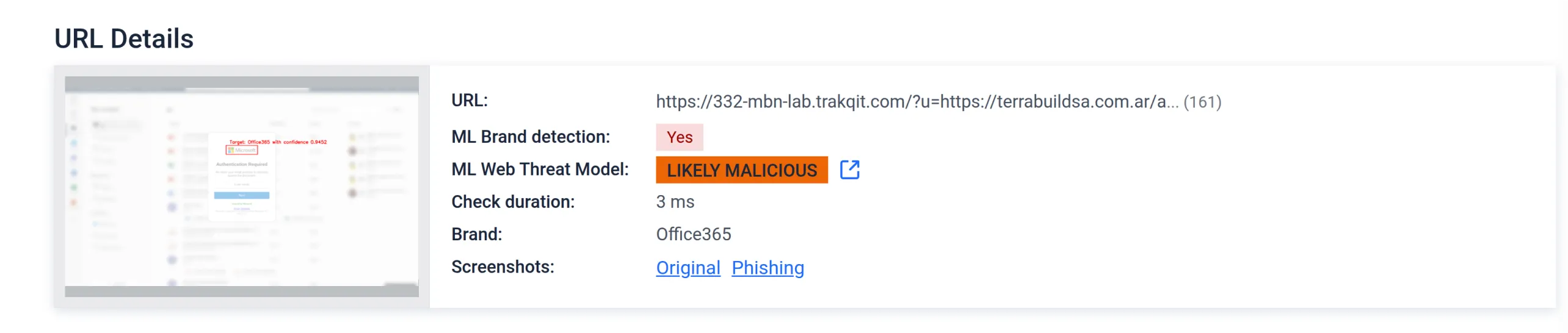 MetaDefender Sandbox 2.3.0のURL詳細では、MLブランド検出は「Yes」、Web脅威モデルは「Likely Malicious」となっている。