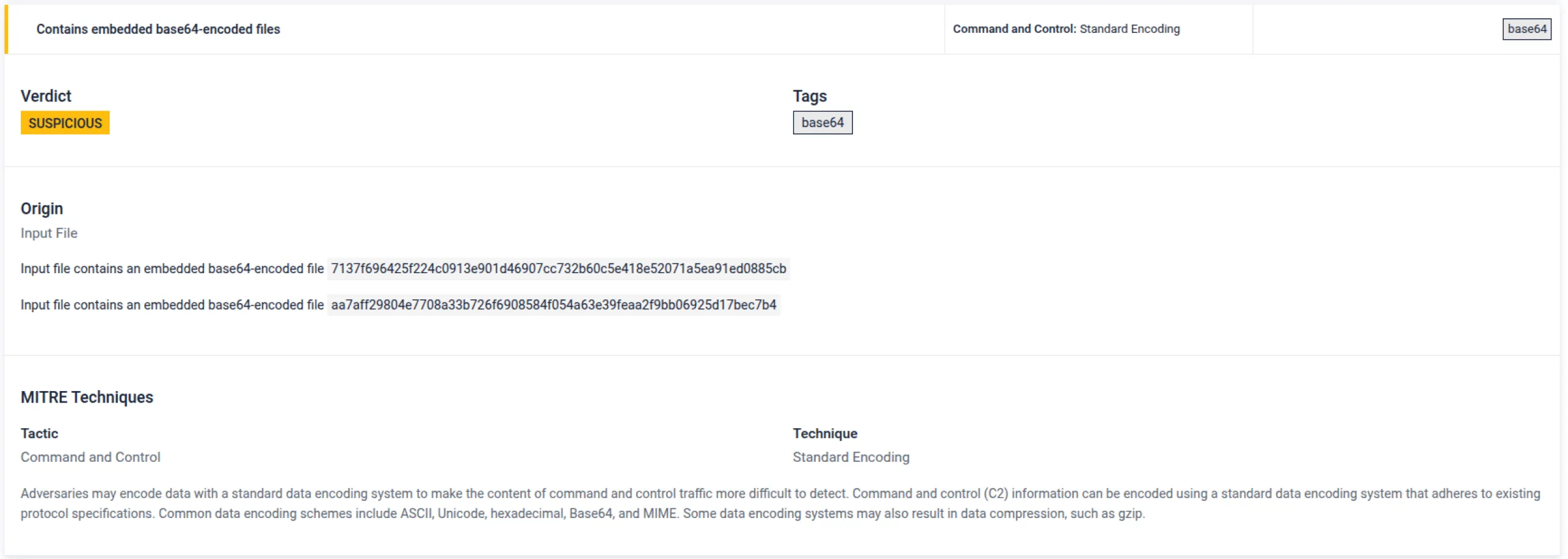 MetaDefender Sandbox 2.3.0のUIは、MITREのテクニックが記載されたbase64の埋め込みファイルに対して不審な評点を表示します。