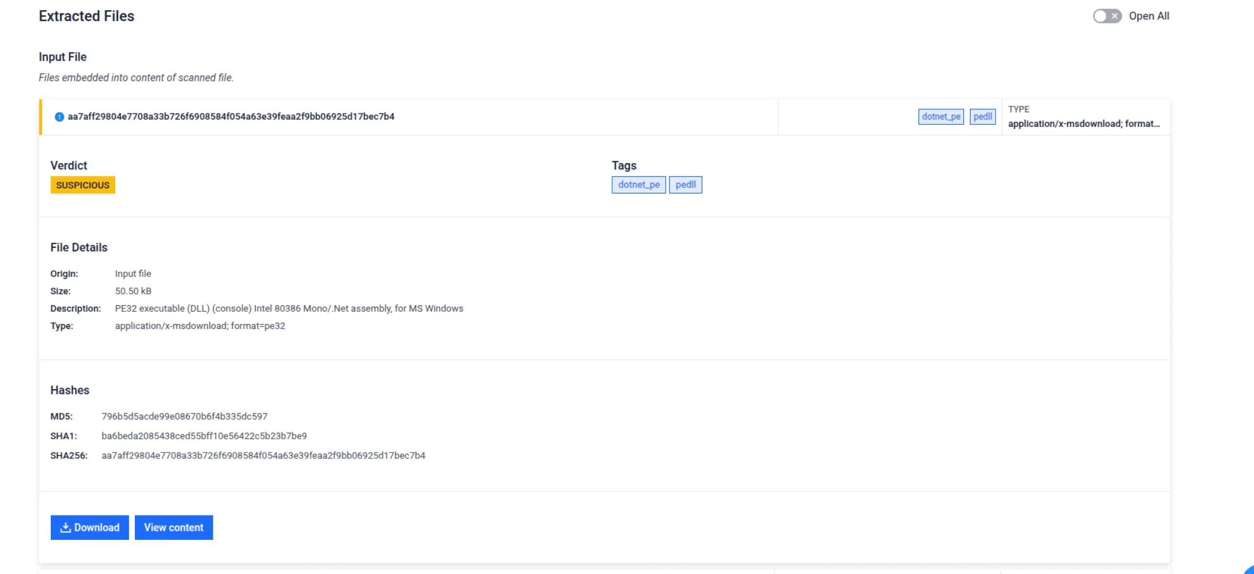 MetaDefender Sandbox 2.3.0のUIは、ファイルの詳細とハッシュとともに、抽出されたファイルが疑わしいと判定されたことを表示します。