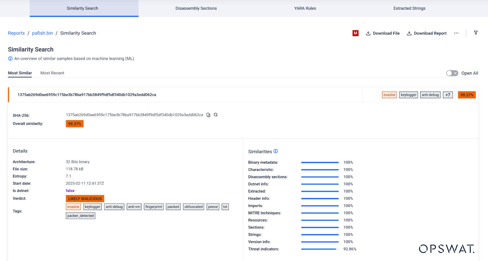 MetaDefender Sandbox 相似性搜索结果仪表板截图