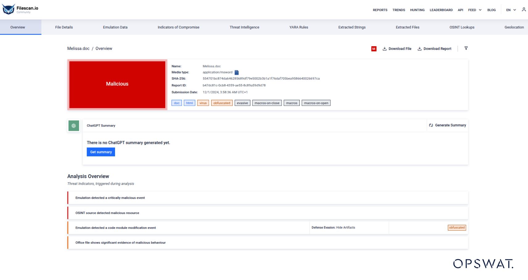 由 ChatGPT 提供的MetaDefender Sandbox 执行摘要输出截图