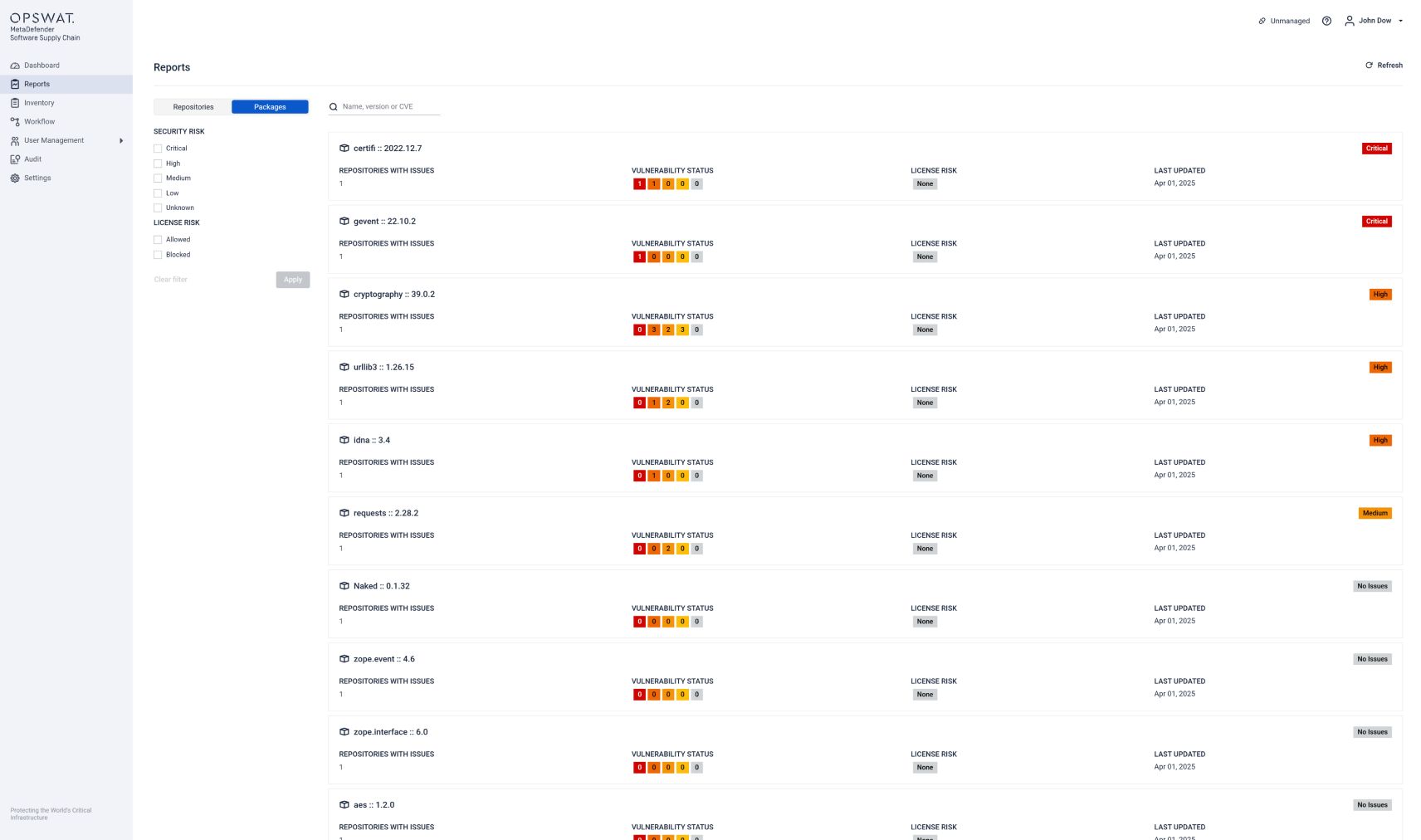 MetaDefender Software Supply Chainパッケージレベルのリスクと脆弱性の詳細を表示するダッシュボードのスクリーンショット