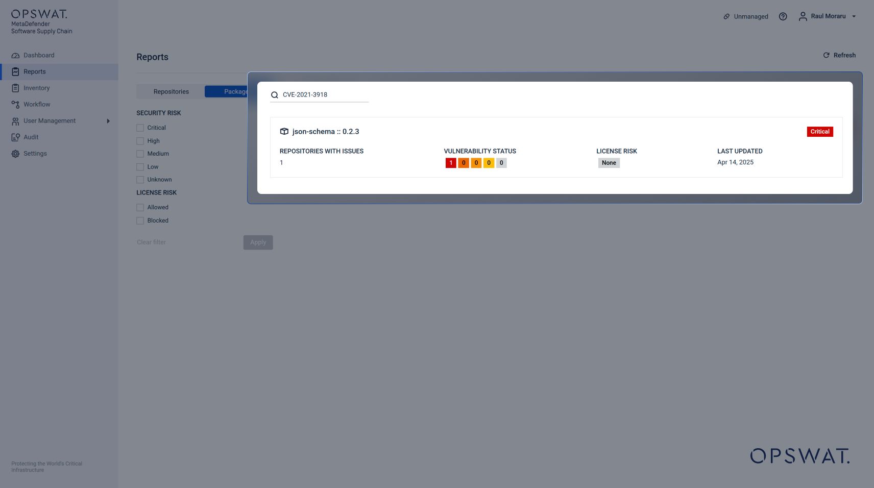 MetaDefender Supply Chain脆弱性識別のためのCVE検索機能を示すUIスクリーンショット
