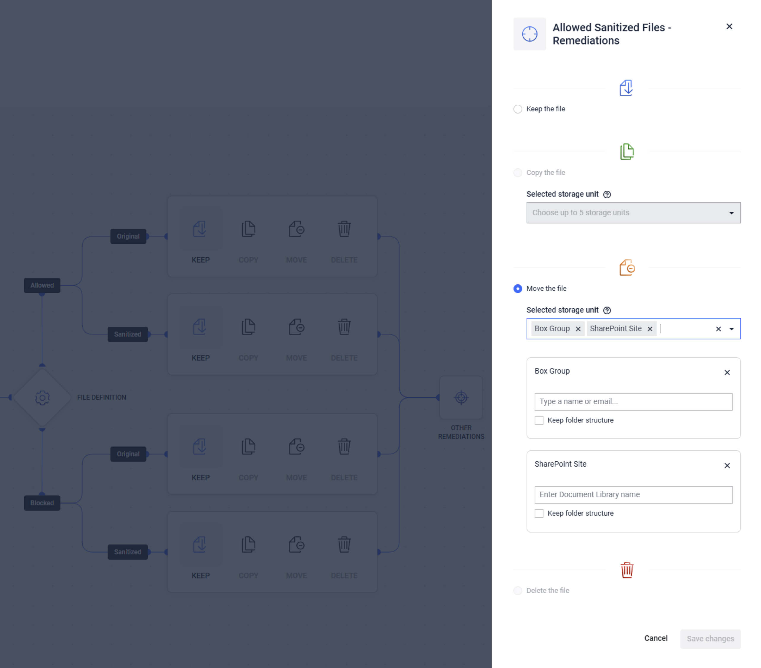 MetaDefender Storage Security 4.1.0 UI showing enterprise-grade workflow for multiple storage destinations selection