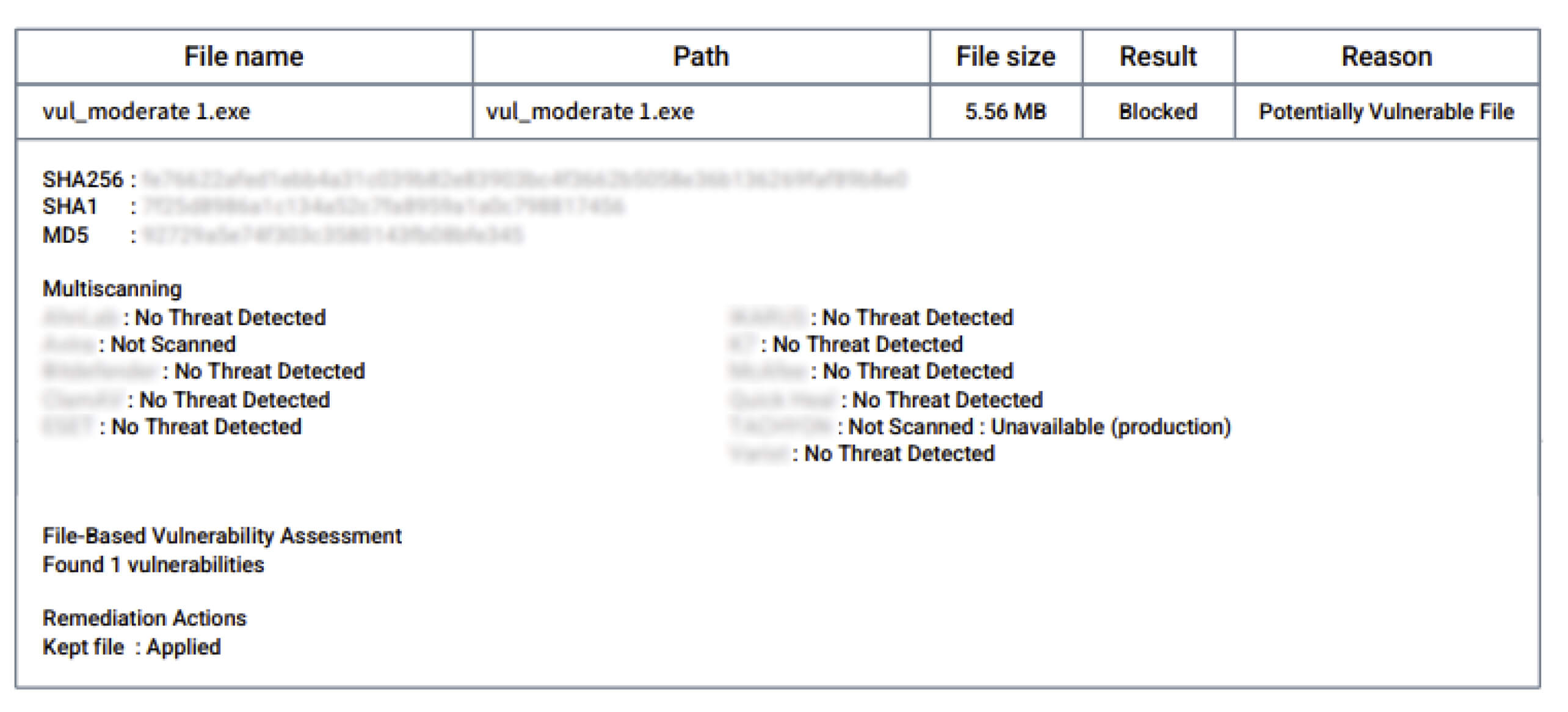 MetaDefender Storage Security 4.1.0 report showing file scan results, vulnerabilities, and remediation actions