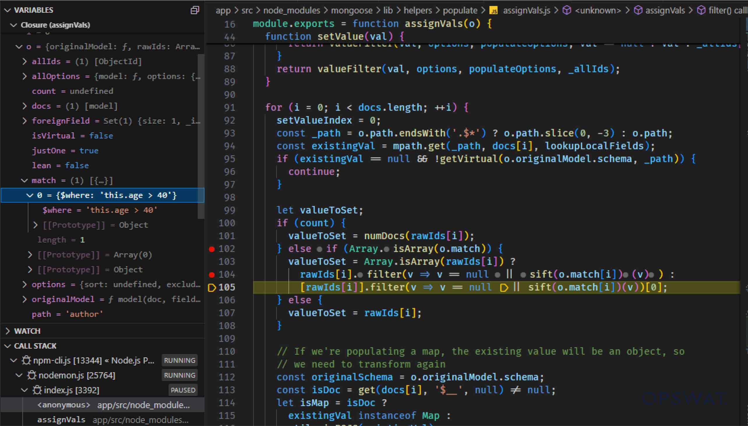 JavaScript関数でフィルタリングされた値を表示するVS Codeのデバッグセッション