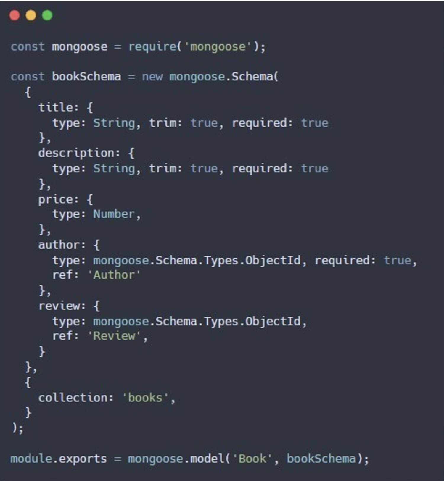 タイトル、説明、価格、著者参照を含む書籍の Mongoose スキーマを定義する JavaScript コード