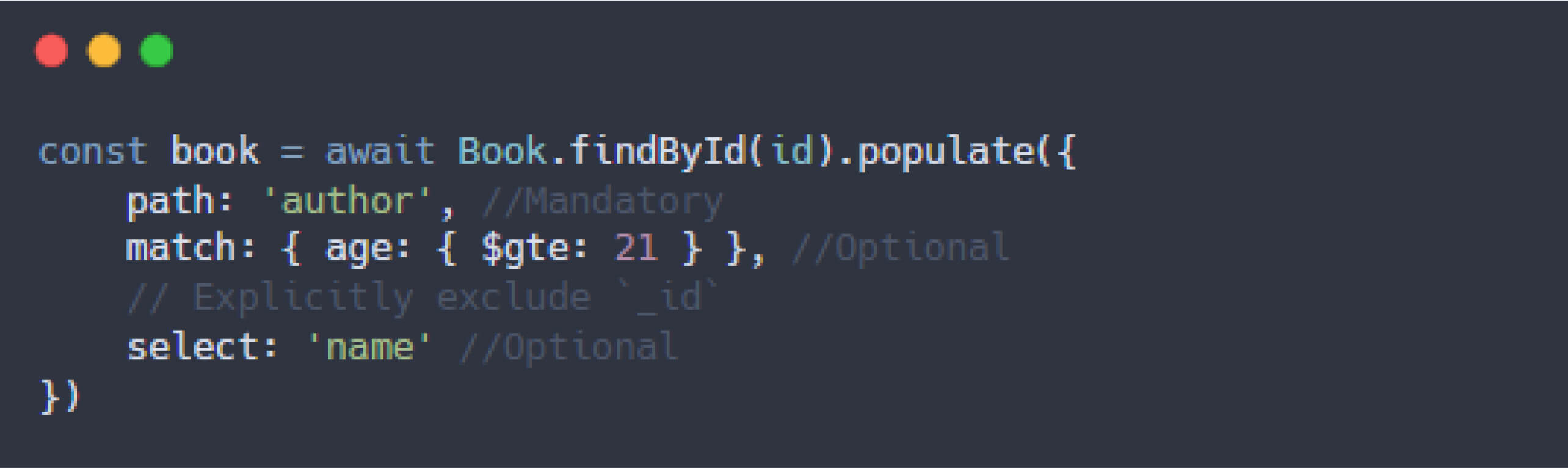 Mongooseのpopulate関数を使って年齢で著者を絞り込むカスタムクエリのJavaScriptコード