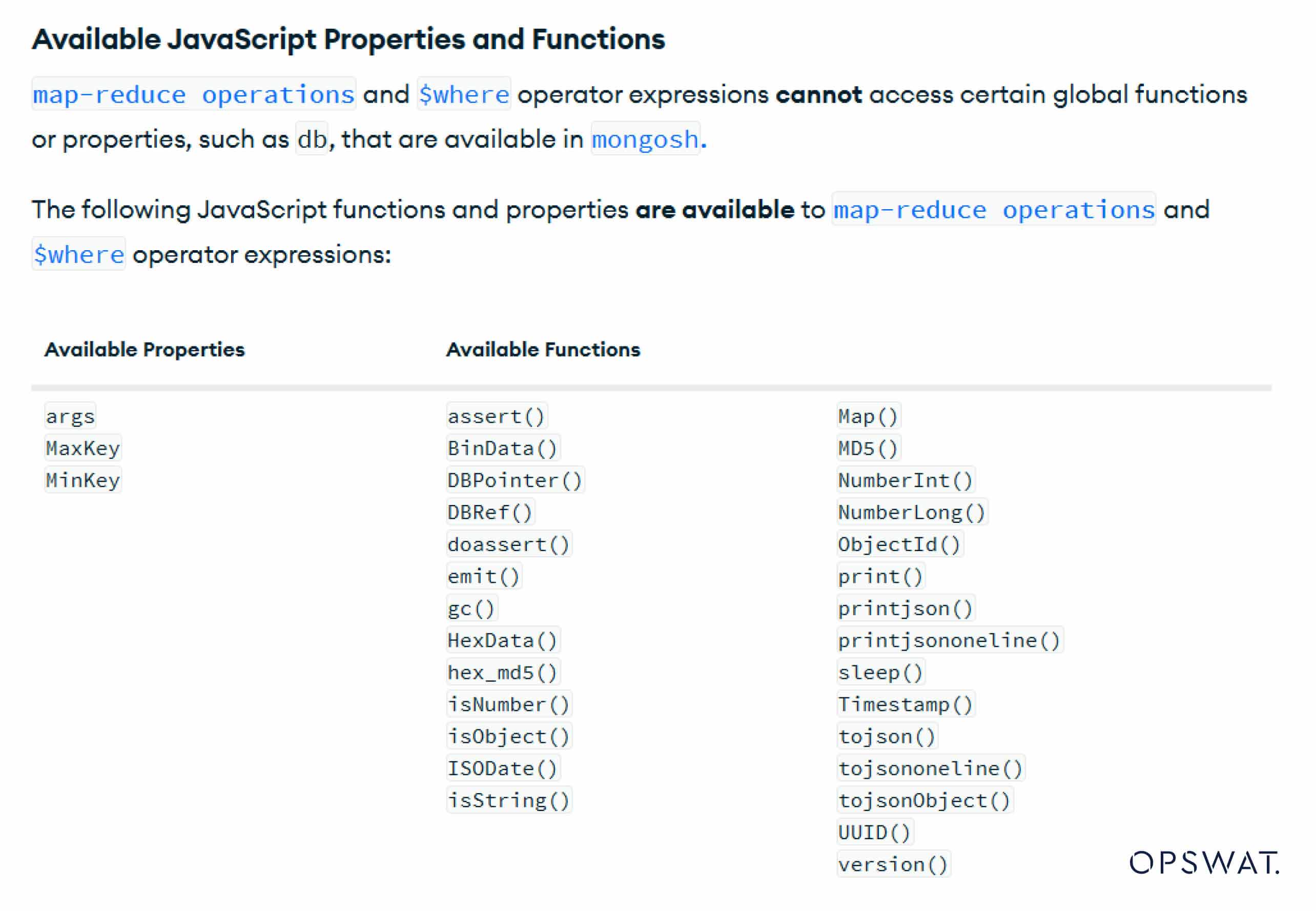 MongoDB のマップ還元処理で使える JavaScript 関数とプロパティの一覧表