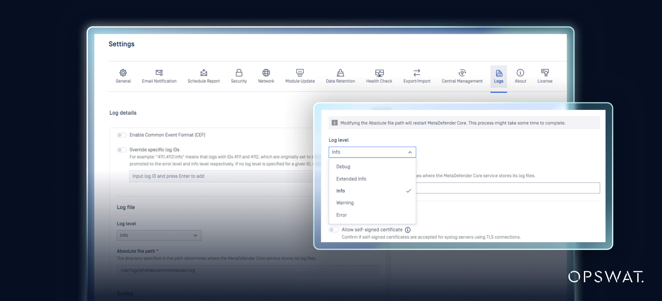 MetaDefender Core log settings UI showing log level options and extended log details for security update features