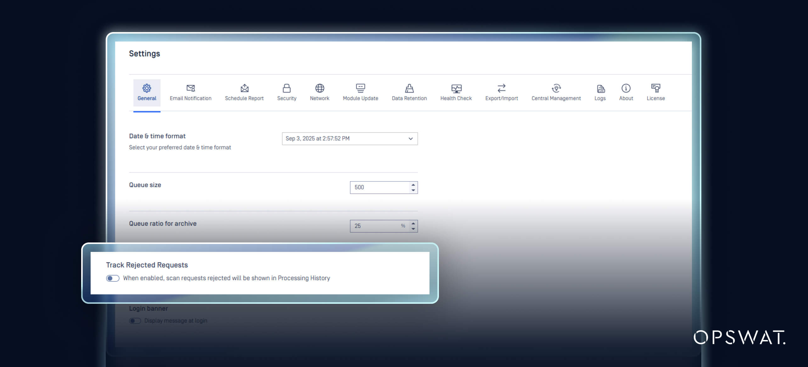 MetaDefender Core settings screen showing Track Rejected Requests for processing history of rejected files