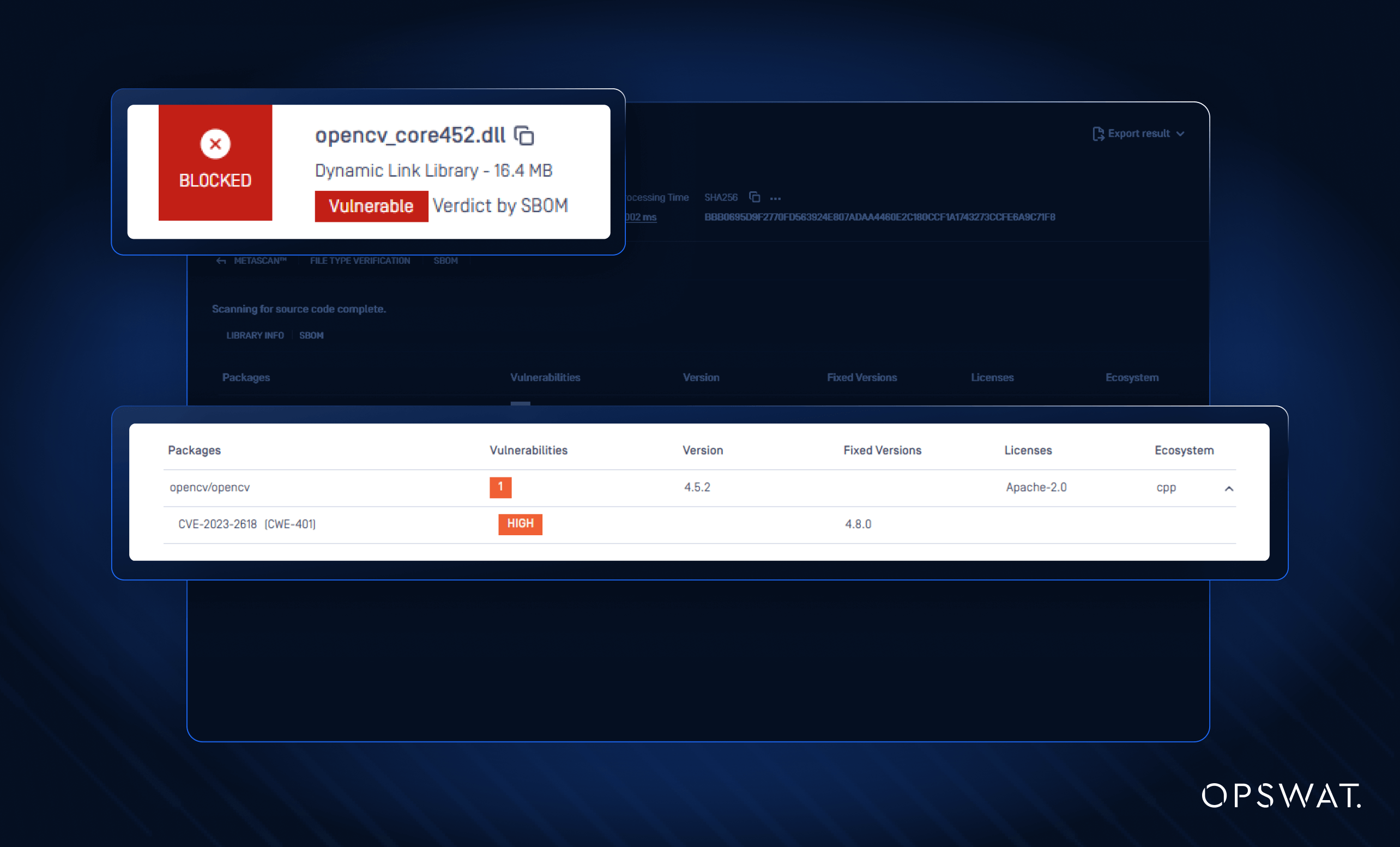 Capture d'écran de l'interface utilisateur du produit montrant OPSWAT OM détectant les fichiers DLL et révélant les vulnérabilités sans les données du gestionnaire de paquets.