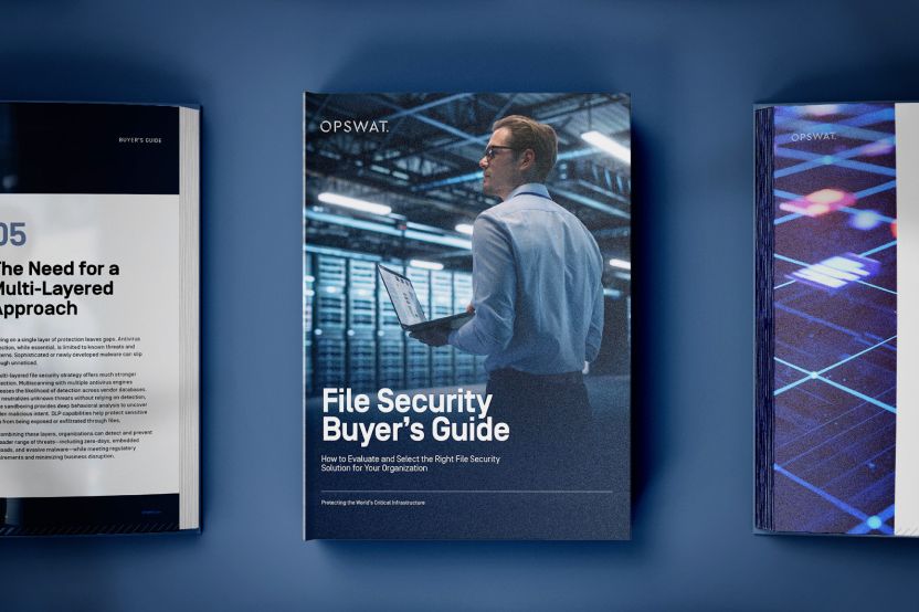 File Security Buyer's Guide cover with a professional in a server room, highlighting the future of file security