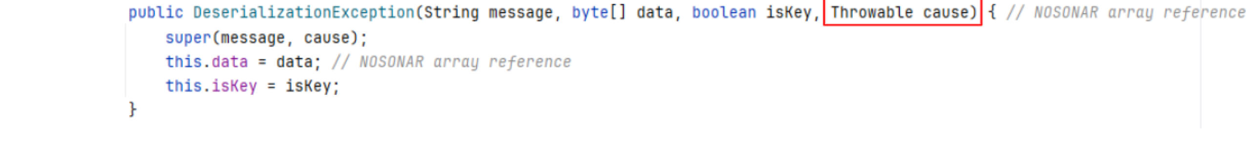 Java constructor for DeserializationException with parameters for message, data, key flag, and throwable cause