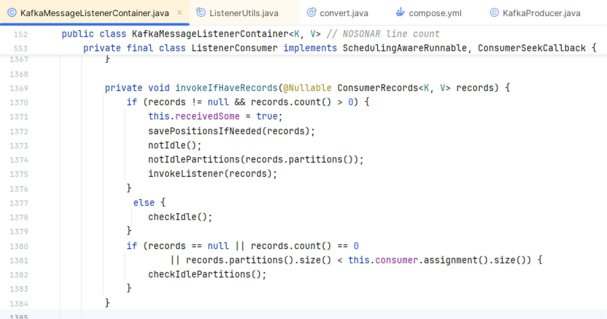 A screenshot of Java code defining a Kafka message listener container for handling records in an event-driven system.