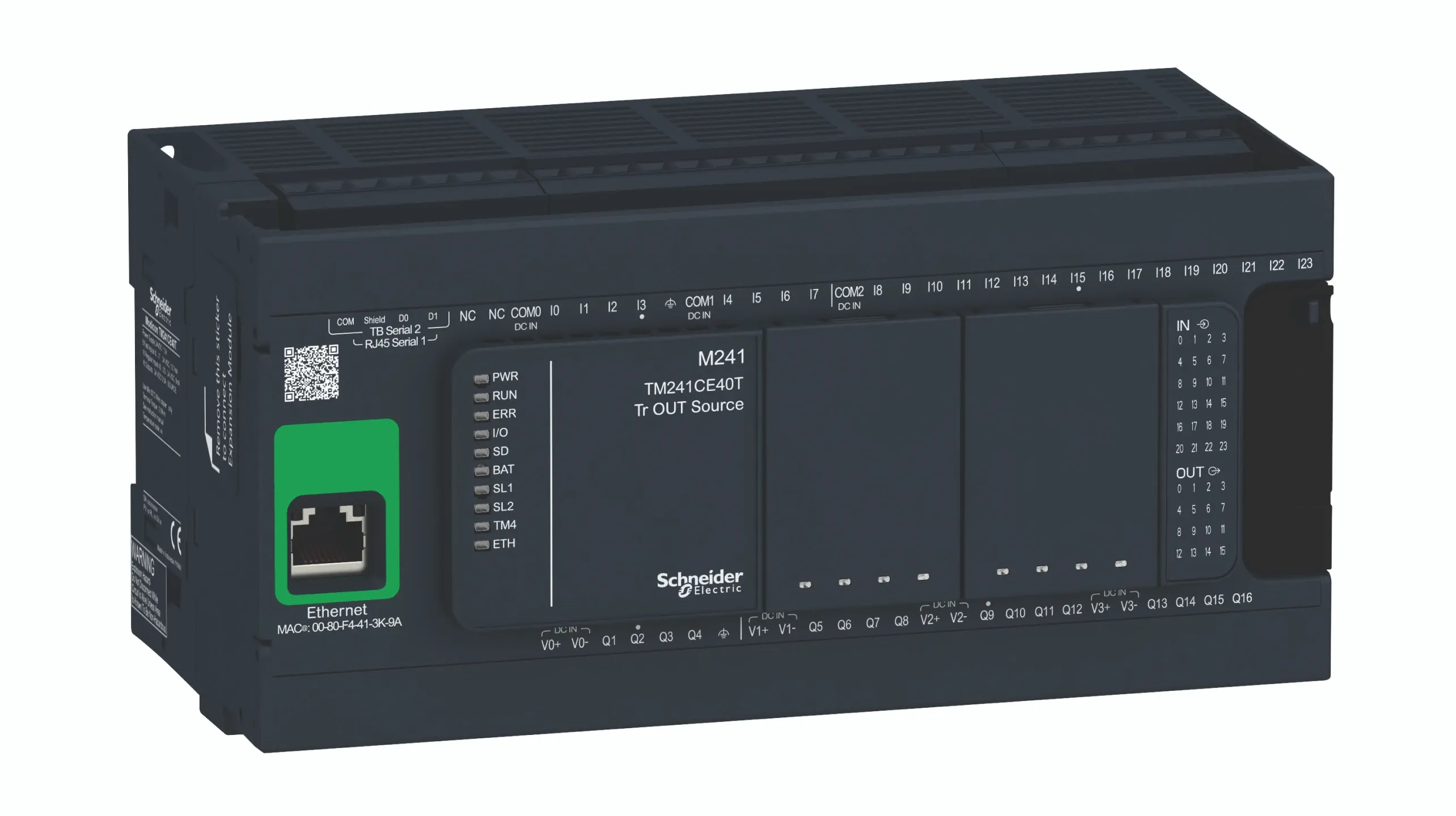 Vista frontal do PLC Schneider Modicon M241 mostrando portas, indicadores e ligação Ethernet