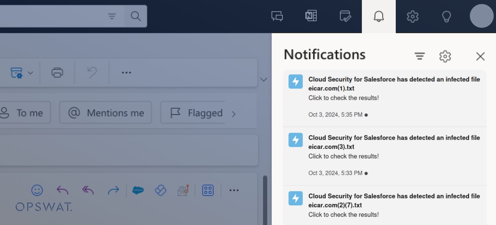 Example of in-app notification alerting users to detected infected files in Salesforce