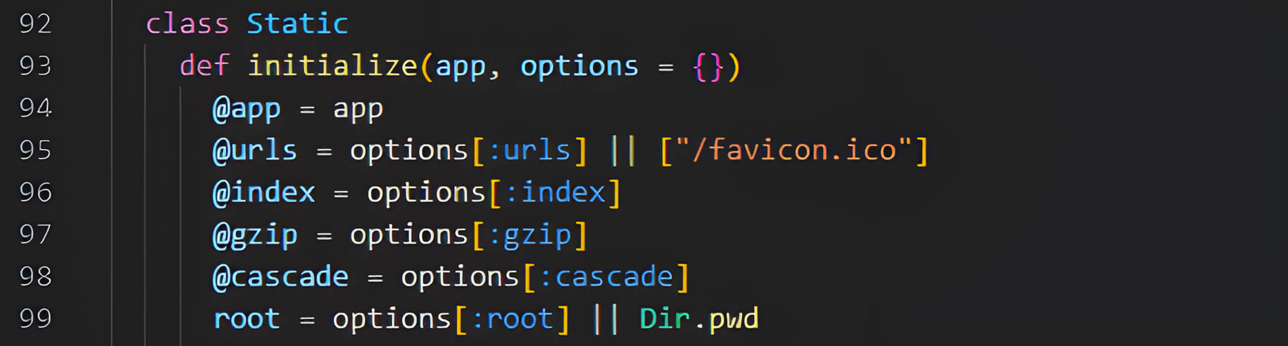 Code screenshot showing Rack::Static initialization and default :root directory assignment