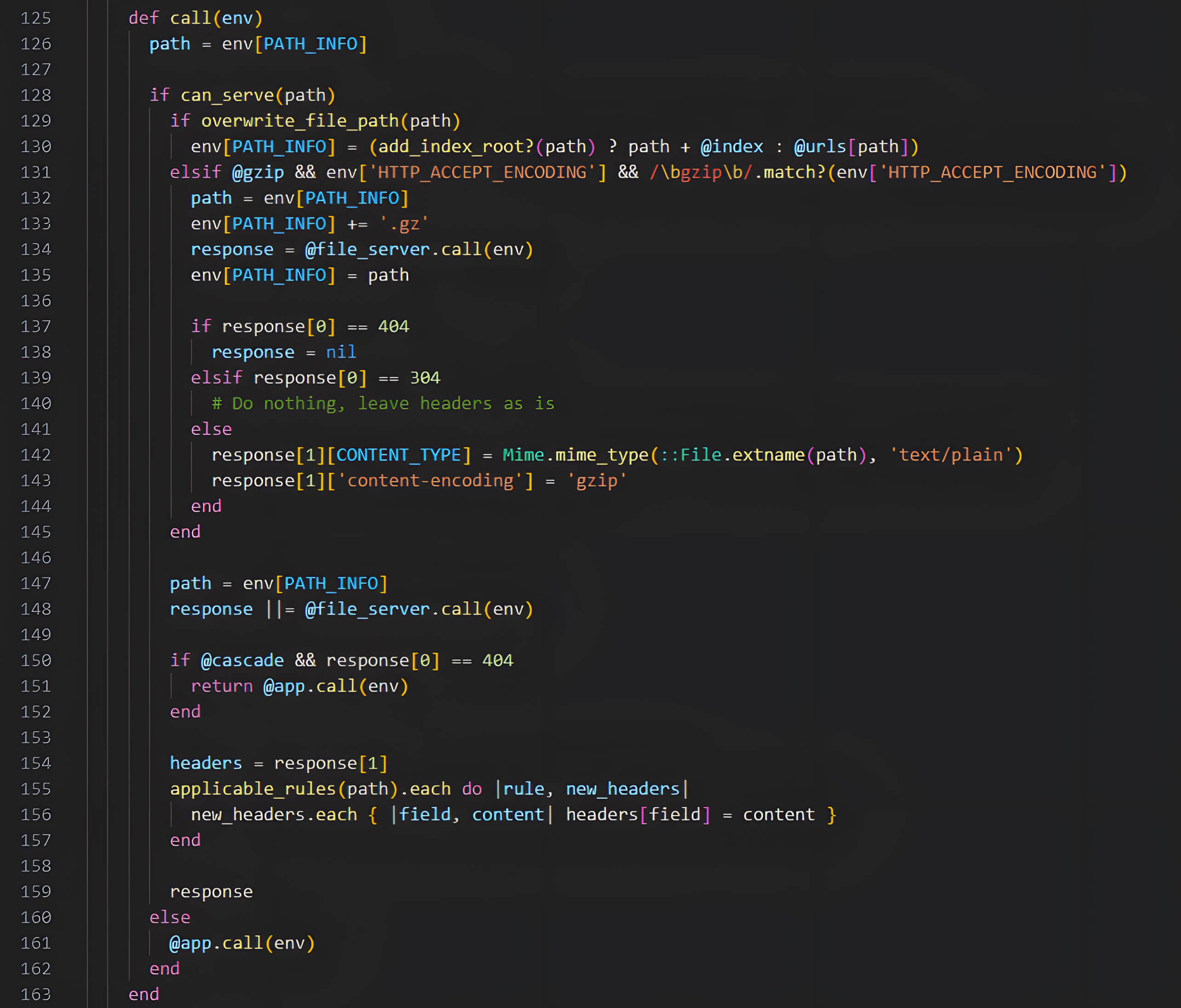 Code screenshot showing Rack::Static delegating file-serving to Rack::Files