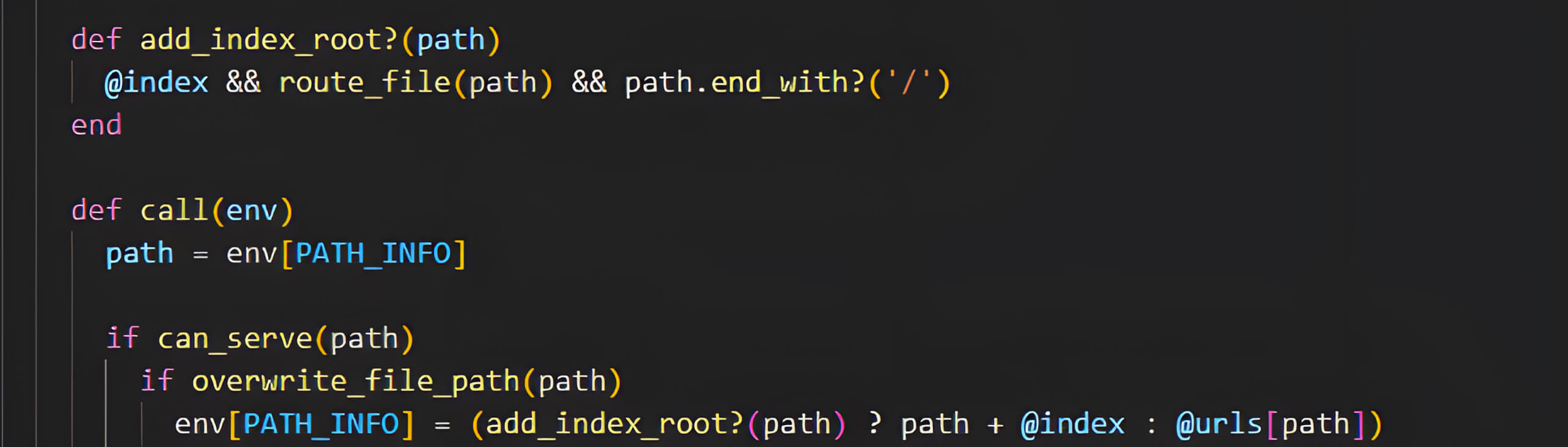Code screenshot showing methods for checking and overwriting file paths in Rack::Static
