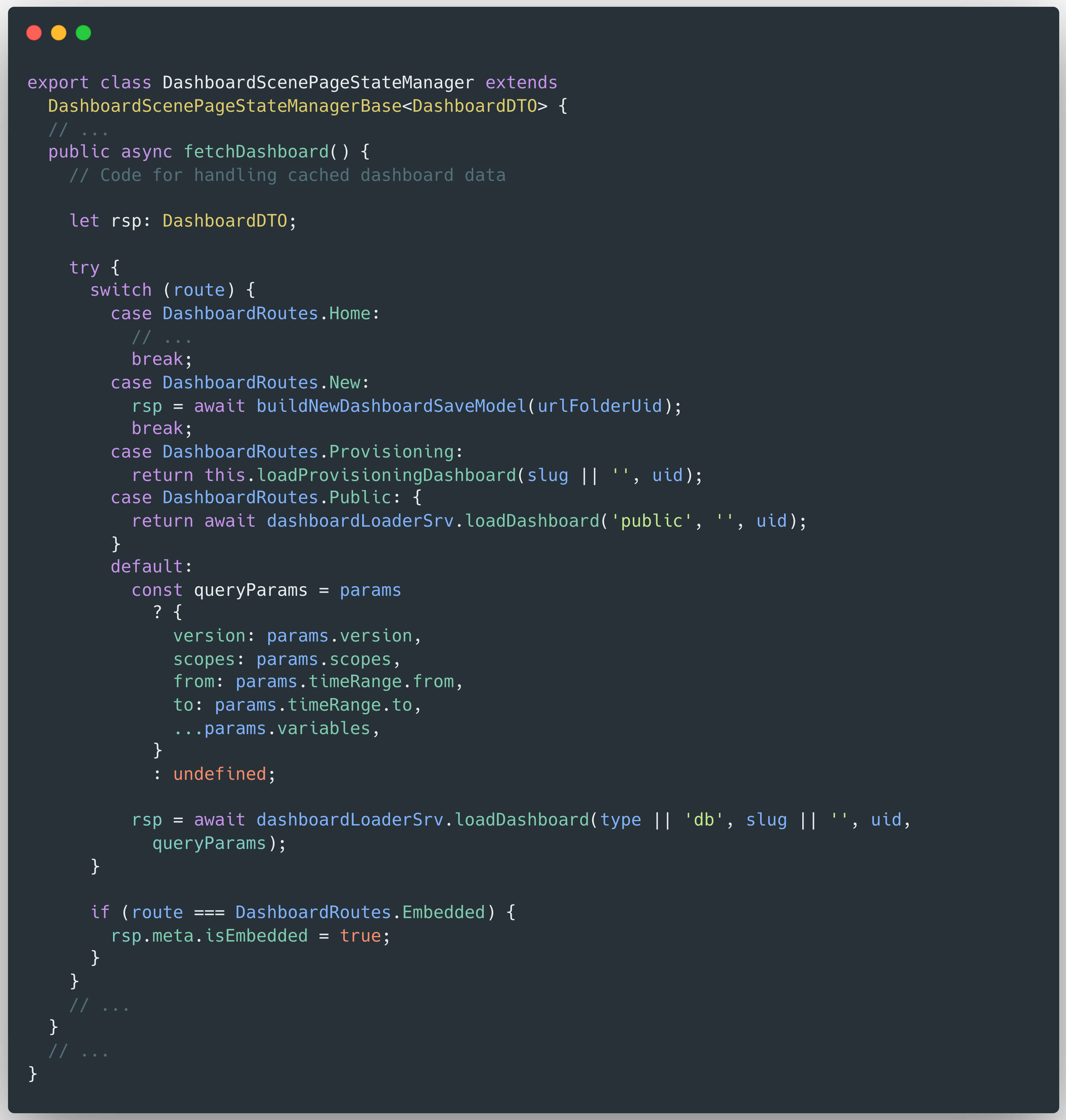 Code screenshot showing dashboard loading logic related to Grafana CVE-2025-6023 dashboard scripting mechanism